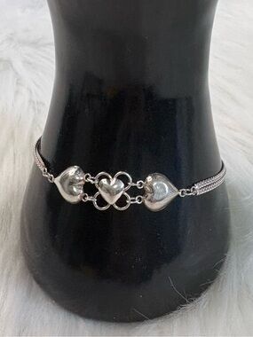 925 Sterling Silver 3 Heart Link Bracelet with Bell - Women's Jewelry